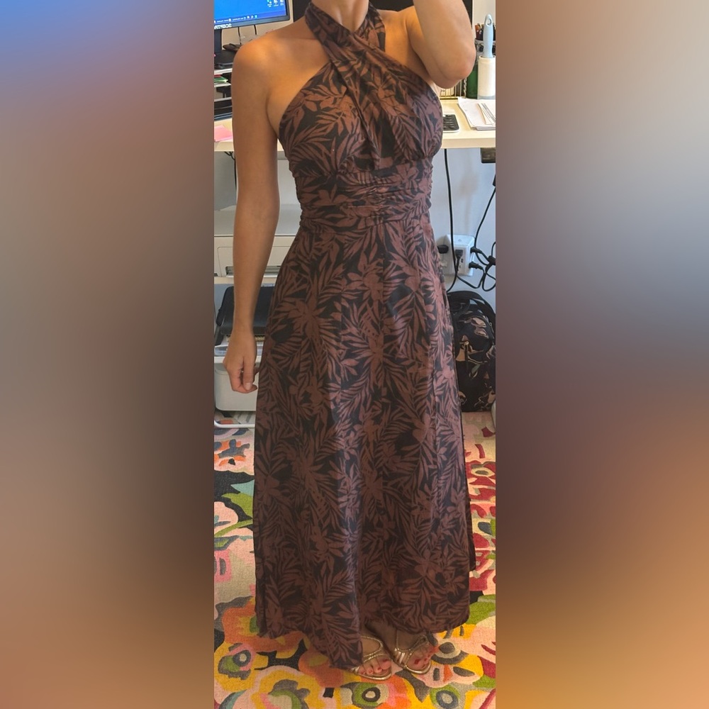 DISSH Elegant Brown and Black Floral Linen long / midi dress